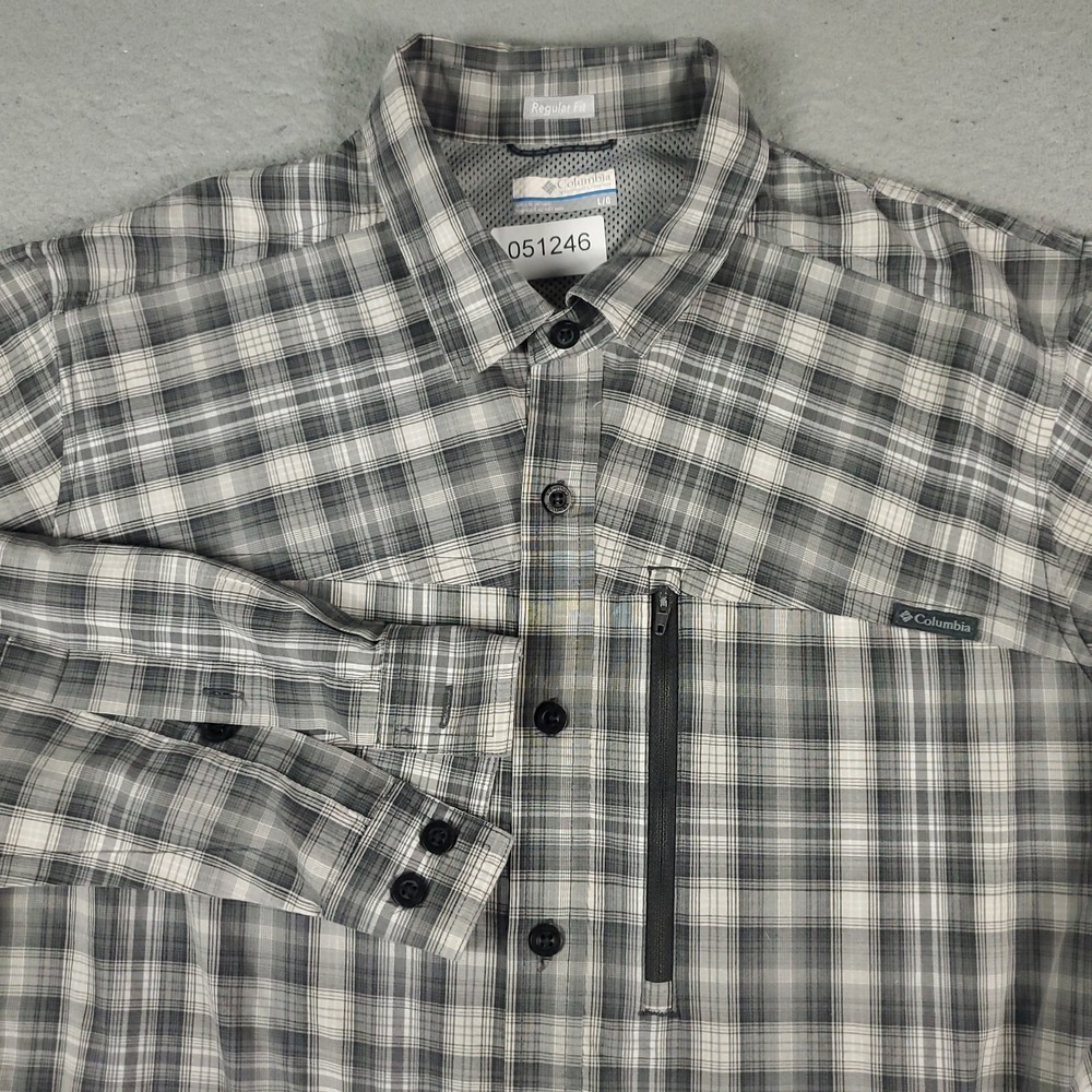 Columbia Shirt Mens Large Gray Plaid Vented Fishing Button Up Long Sleeve